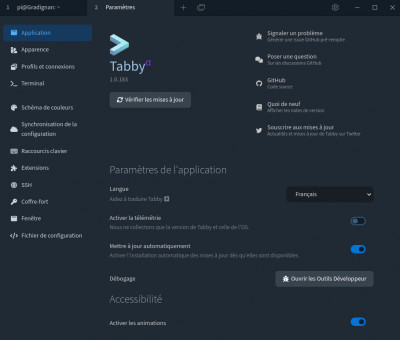 Tabby : Paramétrage