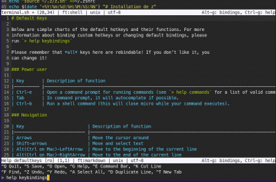 La ligne de commande en bas de l'écran (Ctrl+e pour l'afficher) et une autre partie de l'aide
