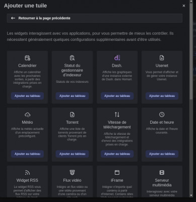 Vaste choix de tuiles (widgets) à intégrer dans le tableau de bord