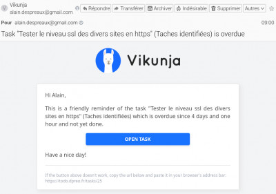 Mail de rappel envoyé par Vikunja