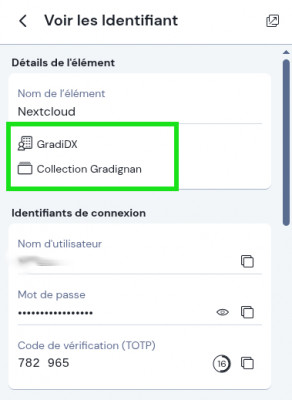 Indication pour un élément de l'organisation et de la collection