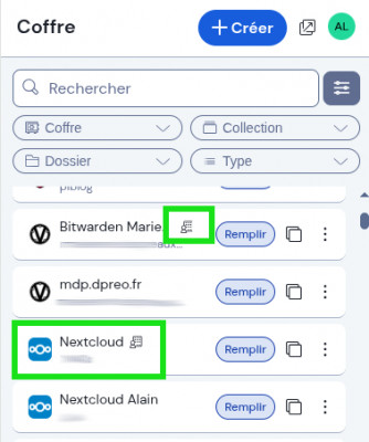 Indication de l'appartenance à une collection dans la liste des éléments (à droite du nom de l'élément)