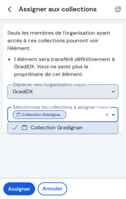 La collection choisie est indiquée dans la fenêtre de sélection